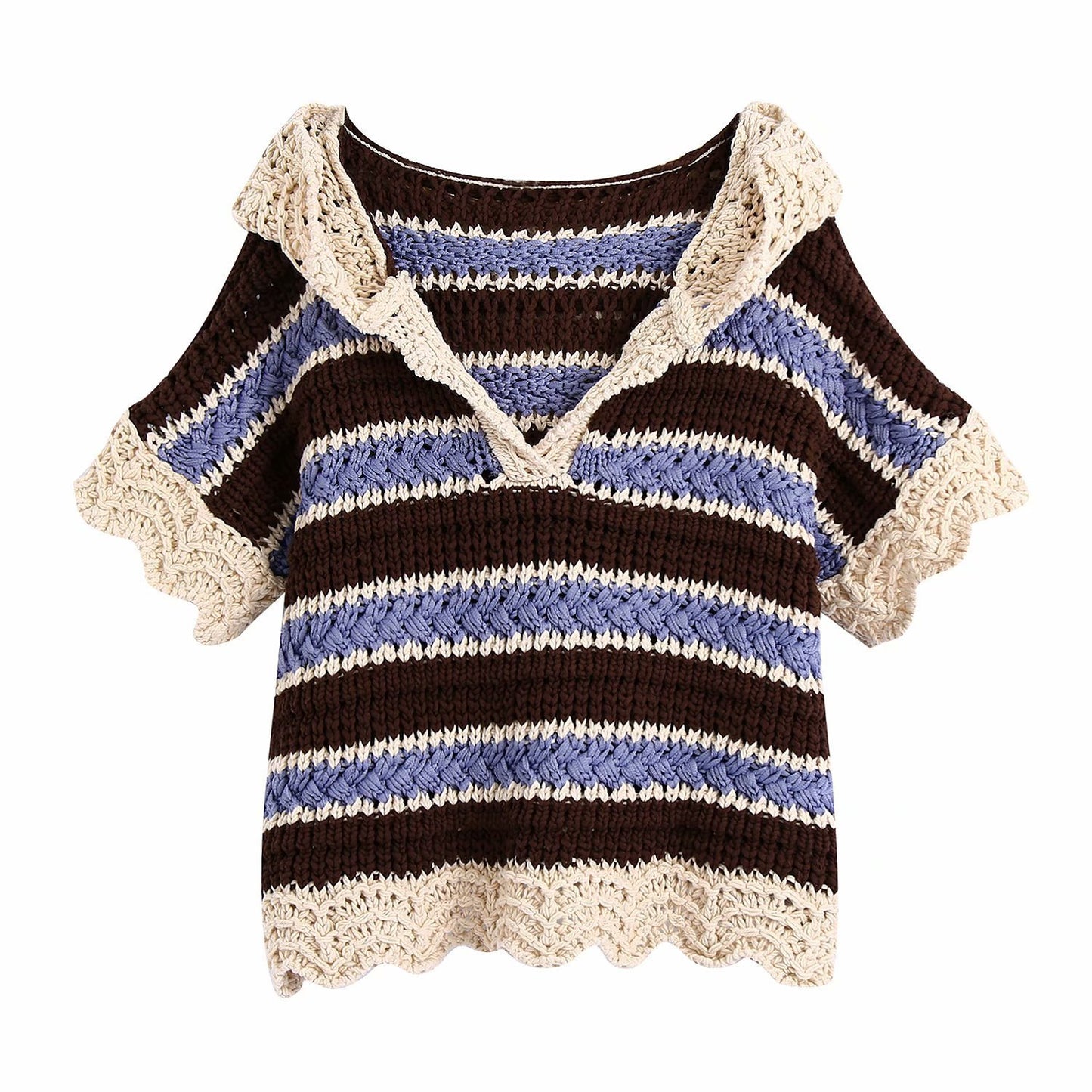 Women's V-neck Short-sleeved Color Matching Hooded Pullover Sweater