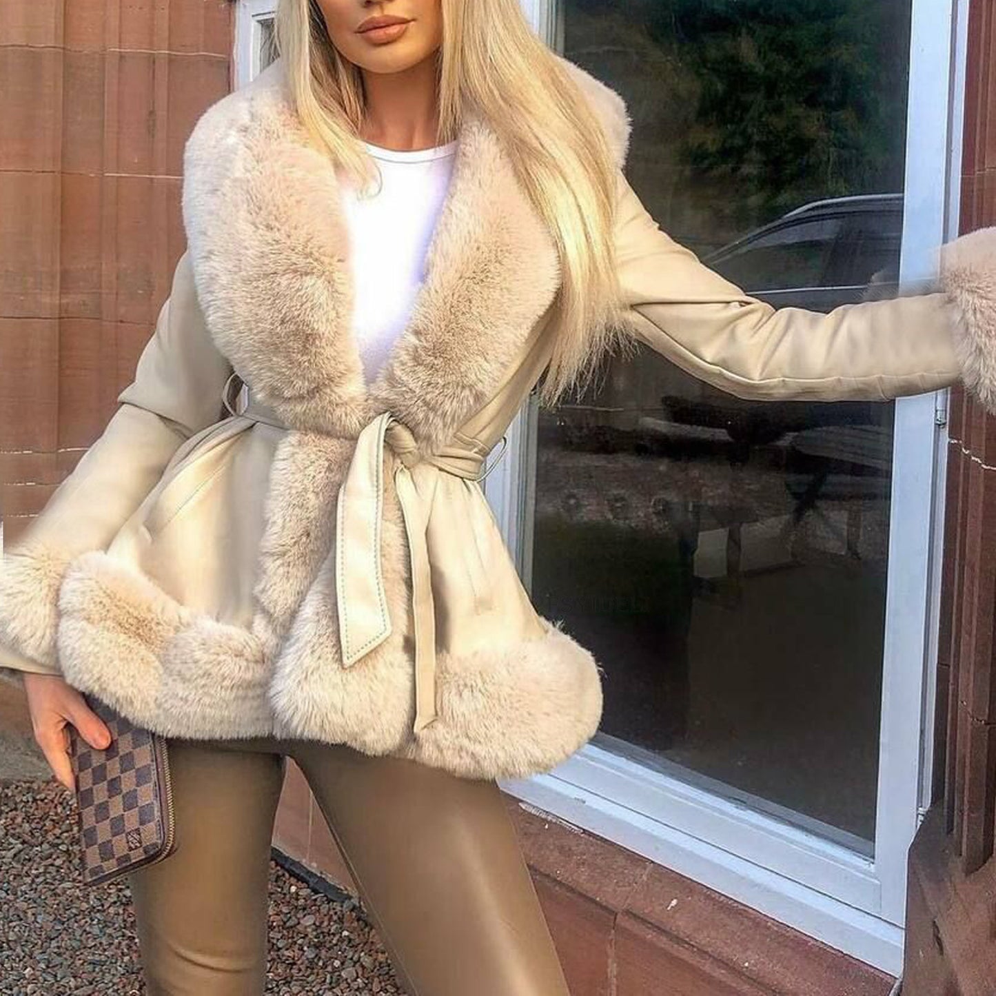Leather Coat Women's Graceful And Fashionable Fur Collar Lace-up Waist Leather Coat