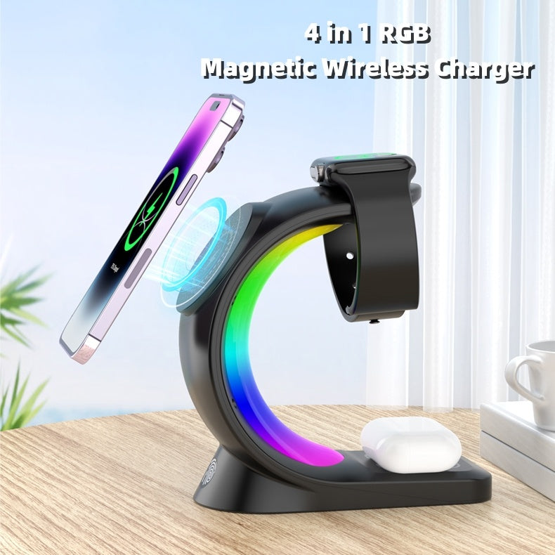 Wireless Charger 4 In 1 Magnetic Wireless Charger Fast Charging For Smart Phone Atmosphere Light Charging Station For Airpods Pro I-phone Watch