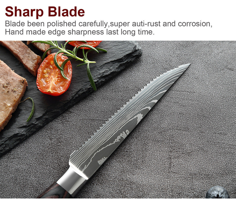 Steak Knife Western Steak Knife Damascus Pattern Stainless Steel Serrated Knife