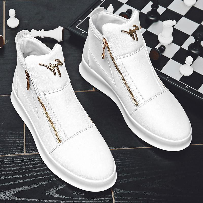 White Leather Boots Wedding Photography White Leather Boots Personality Metal Men's Shoes Double Zipper Fashion Brand Sports Casual Borad Shoes