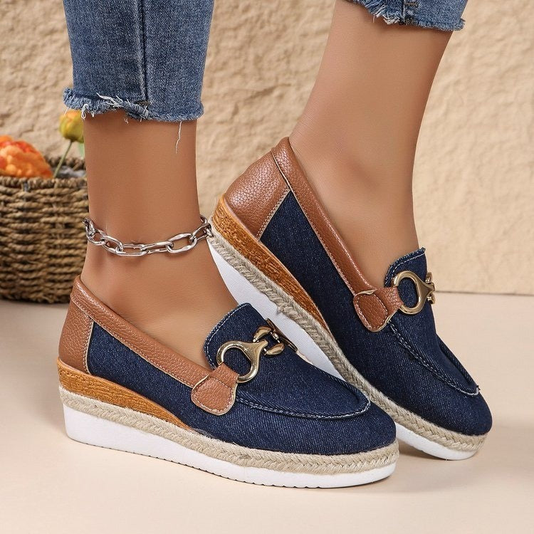 Platform Loafers Loafers Casual Pumps Women's Outer Wear Horsebit Buckle Wedge Platform Loafers Slip-on Lazy Shoes