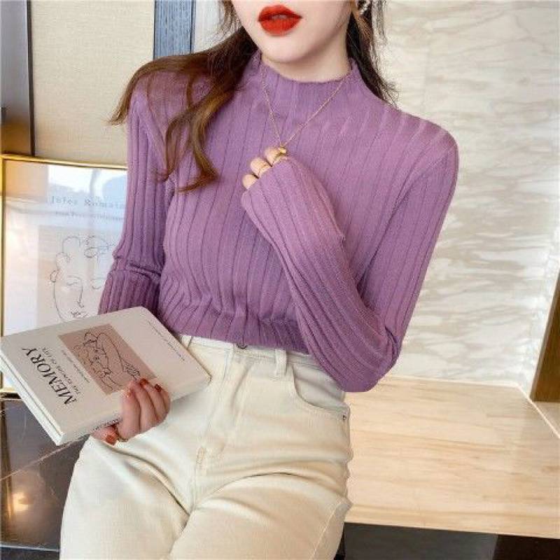 Women's Half High Collar White Knitting Top