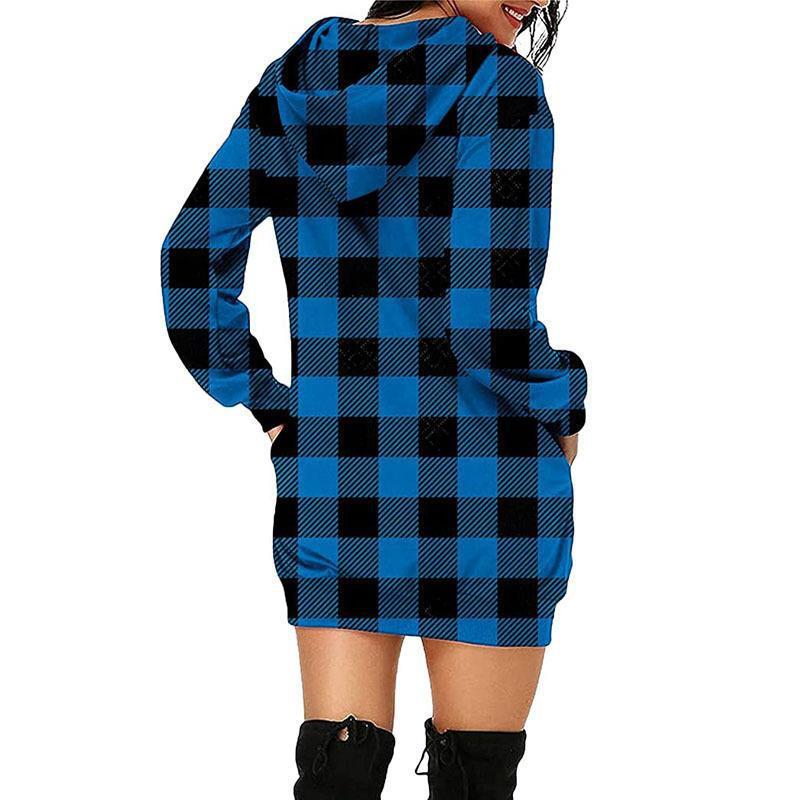 Long Sleeve Sweatshirt Printed Plaid Mid Length Hooded Long Sleeve Sweatshirt Women's