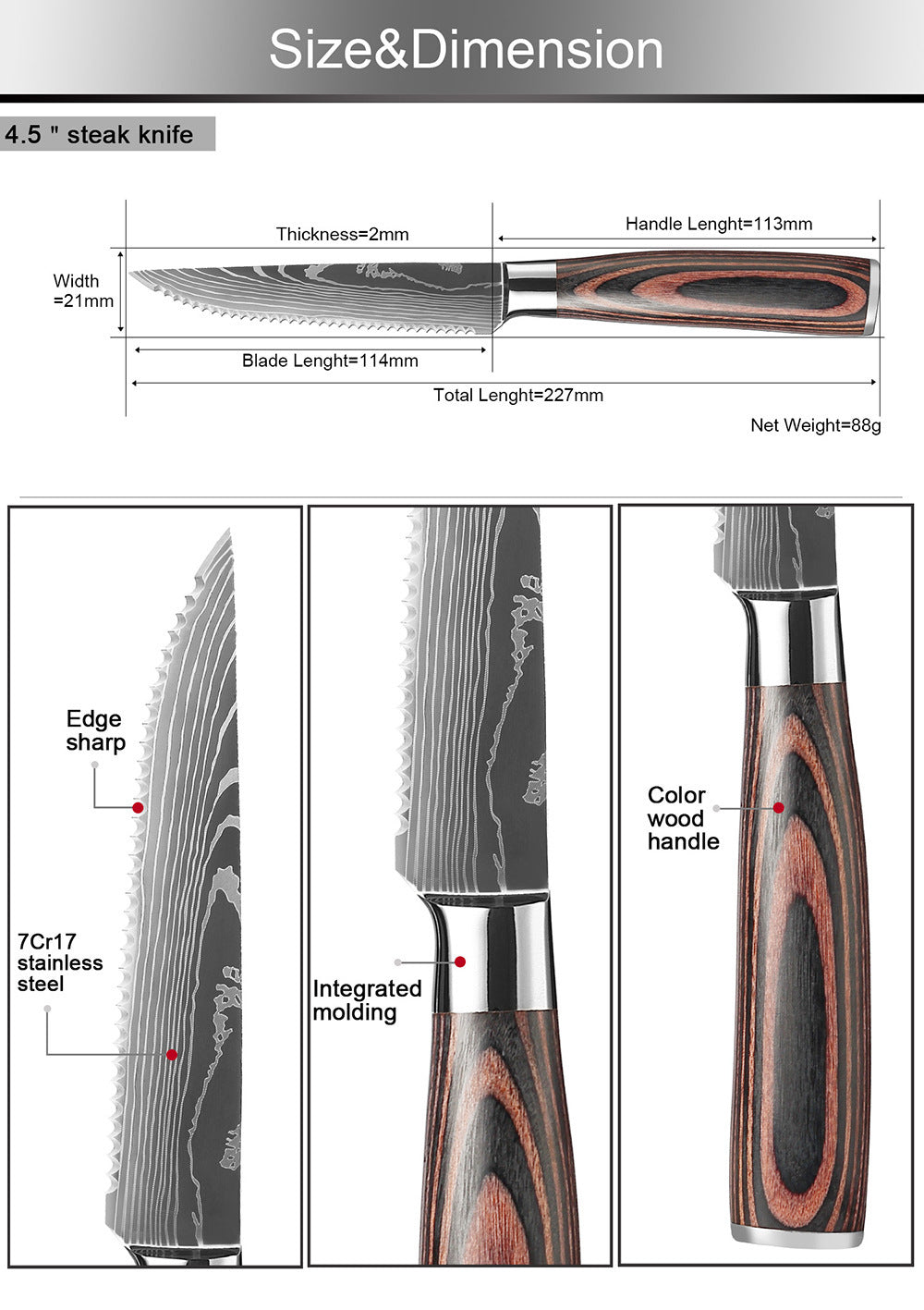 Steak Knife Western Steak Knife Damascus Pattern Stainless Steel Serrated Knife