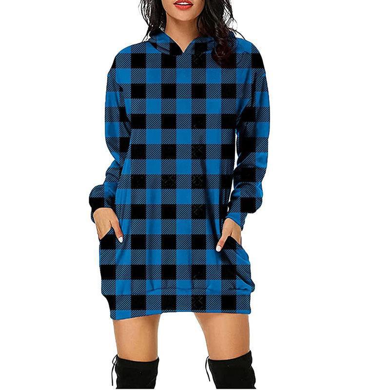 Long Sleeve Sweatshirt Printed Plaid Mid Length Hooded Long Sleeve Sweatshirt Women's