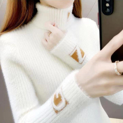 Women's Turtleneck Sweater Mink Fur Letter Jacquard