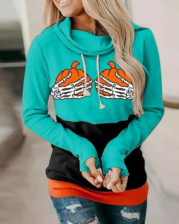New Ladies Halloween Colorblock Pumpkin Hand Sweatshirt