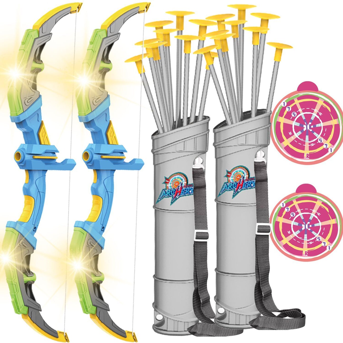 DE Bow & Arrow Toy Set, LED-lit Archery Toy,10 Suction Cup Arrows, Targets, Arrows Holders