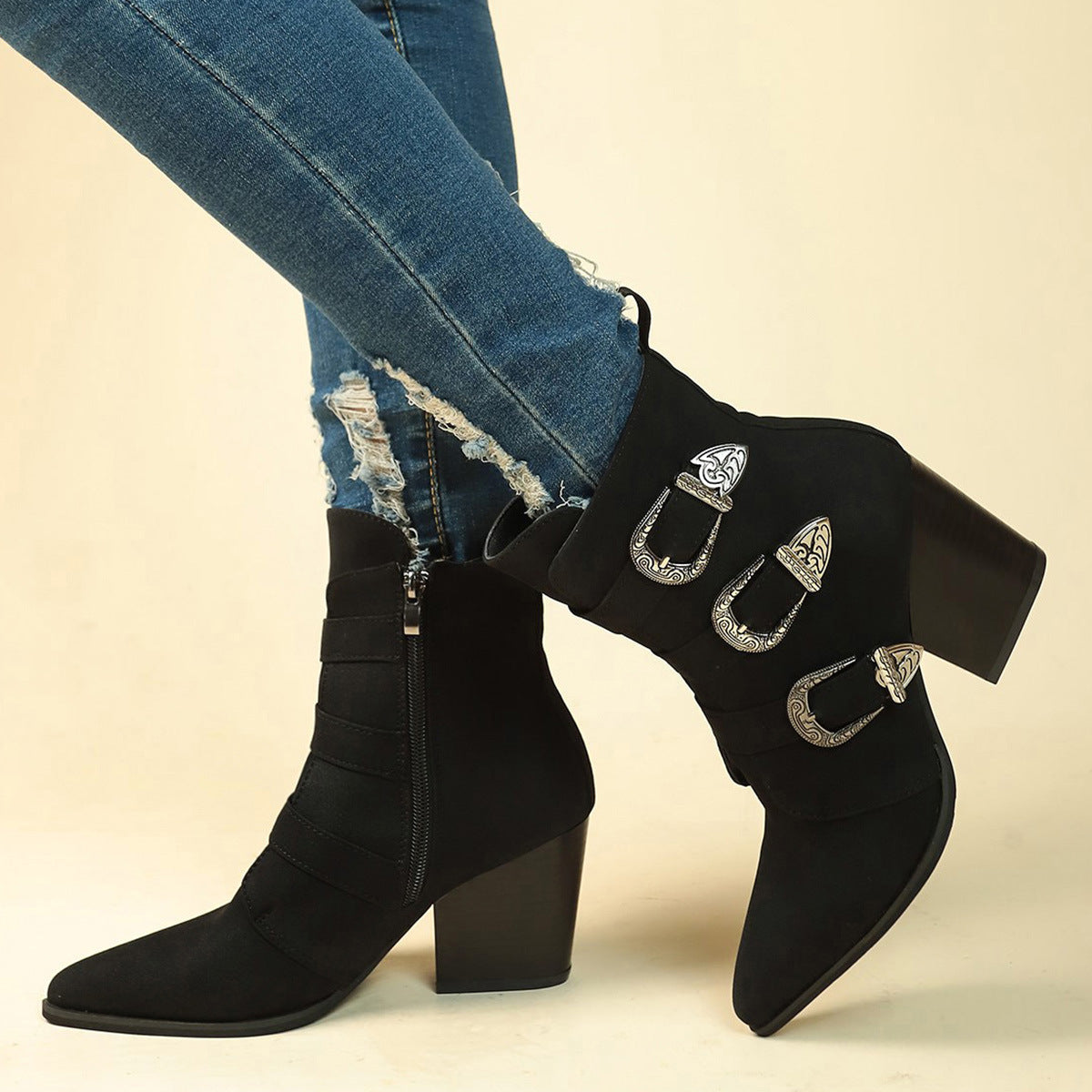 Toe Boots Chunky Heel Pointed Toe Boots With Belt Buckle Design Retro Mid-calf Boot Fashion Fall Winter Shoes For Women