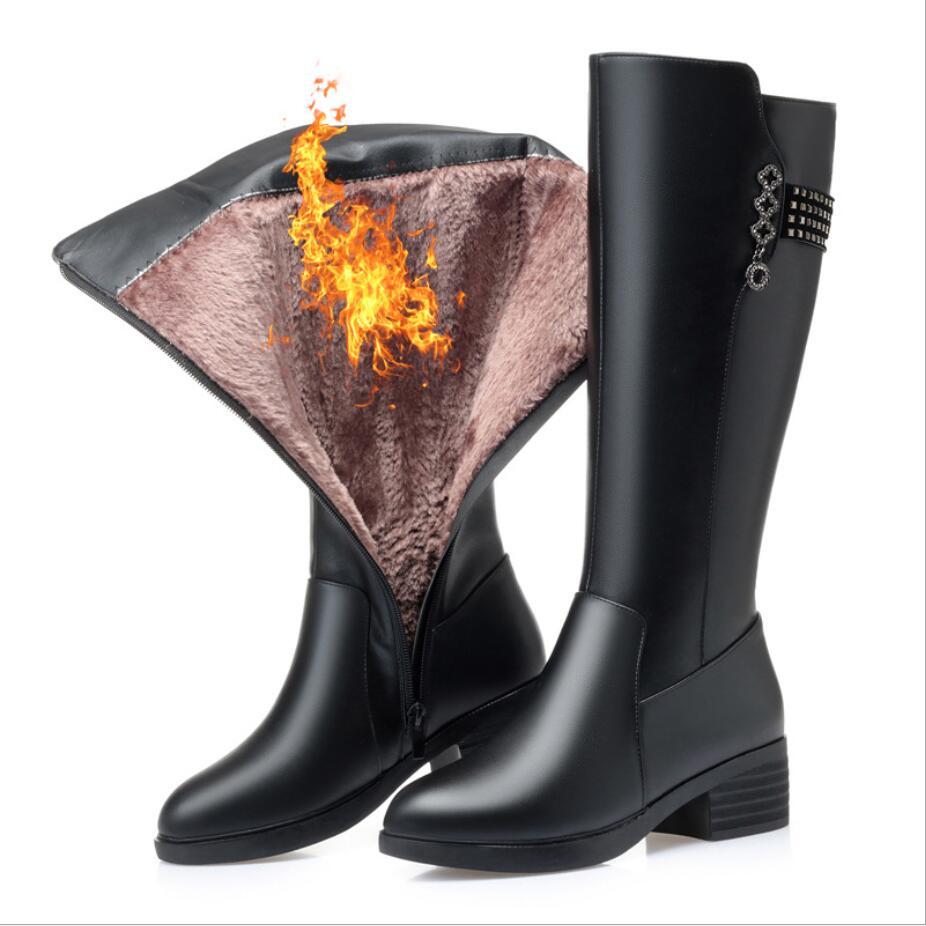 leather boot lady Plush wool medium thick sole leather boot lady