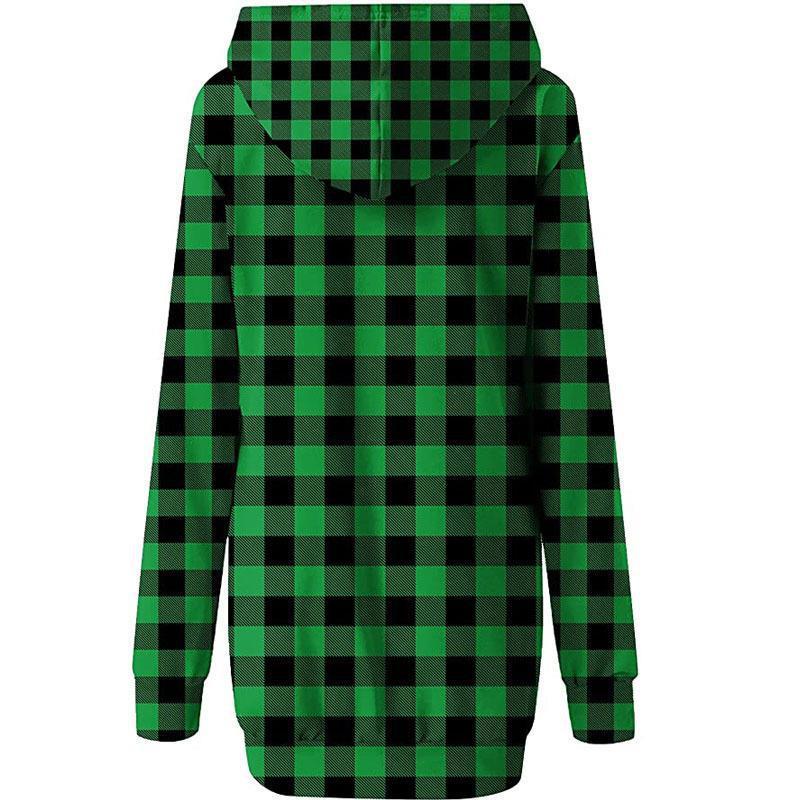 Long Sleeve Sweatshirt Printed Plaid Mid Length Hooded Long Sleeve Sweatshirt Women's