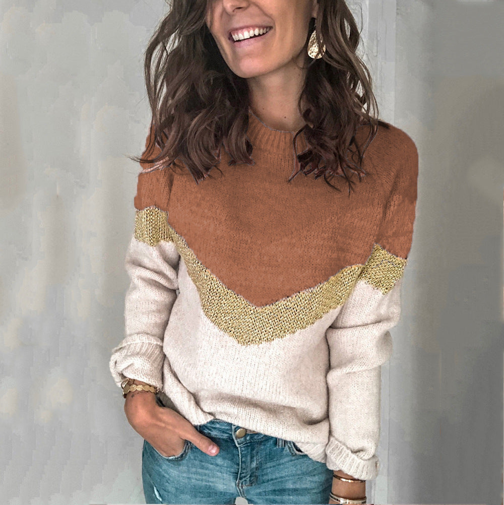 Contrast Panel Knit Pullover Crewneck Raglan Sleeve Sweater