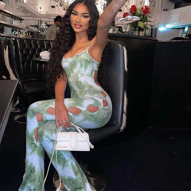 Jumpsuit Strap Digital Printing Hollow Out Jumpsuit Hip Lifting Slim Wide Leg All In One Pant