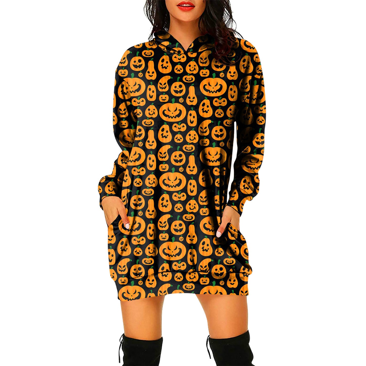Pullover Hooded Sweater Dress Halloween Theme Women's Pullover Hooded Sweater Dress
