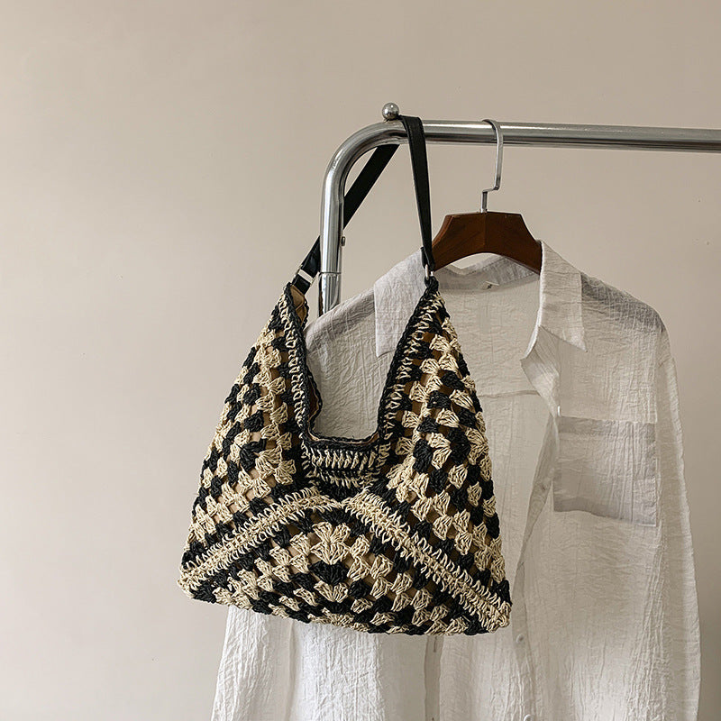 Shoulder Bag Women's Fashion Handmade Straw Woven Hollow Contrast Color Weave Shoulder Bag