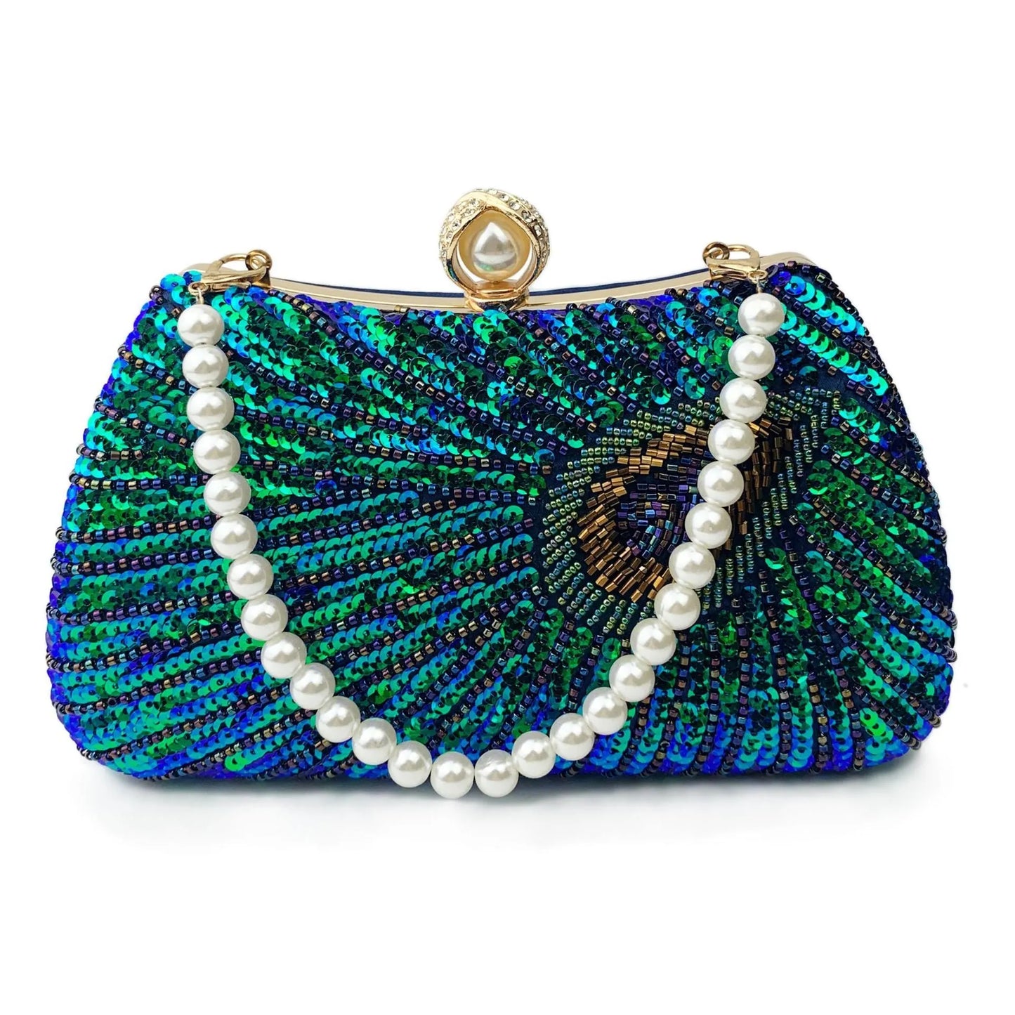 Beaded Peacock Feather Shoulder Bag Large Pearl Rhinestone Large Capacity Crossbody Shoulder Bag
