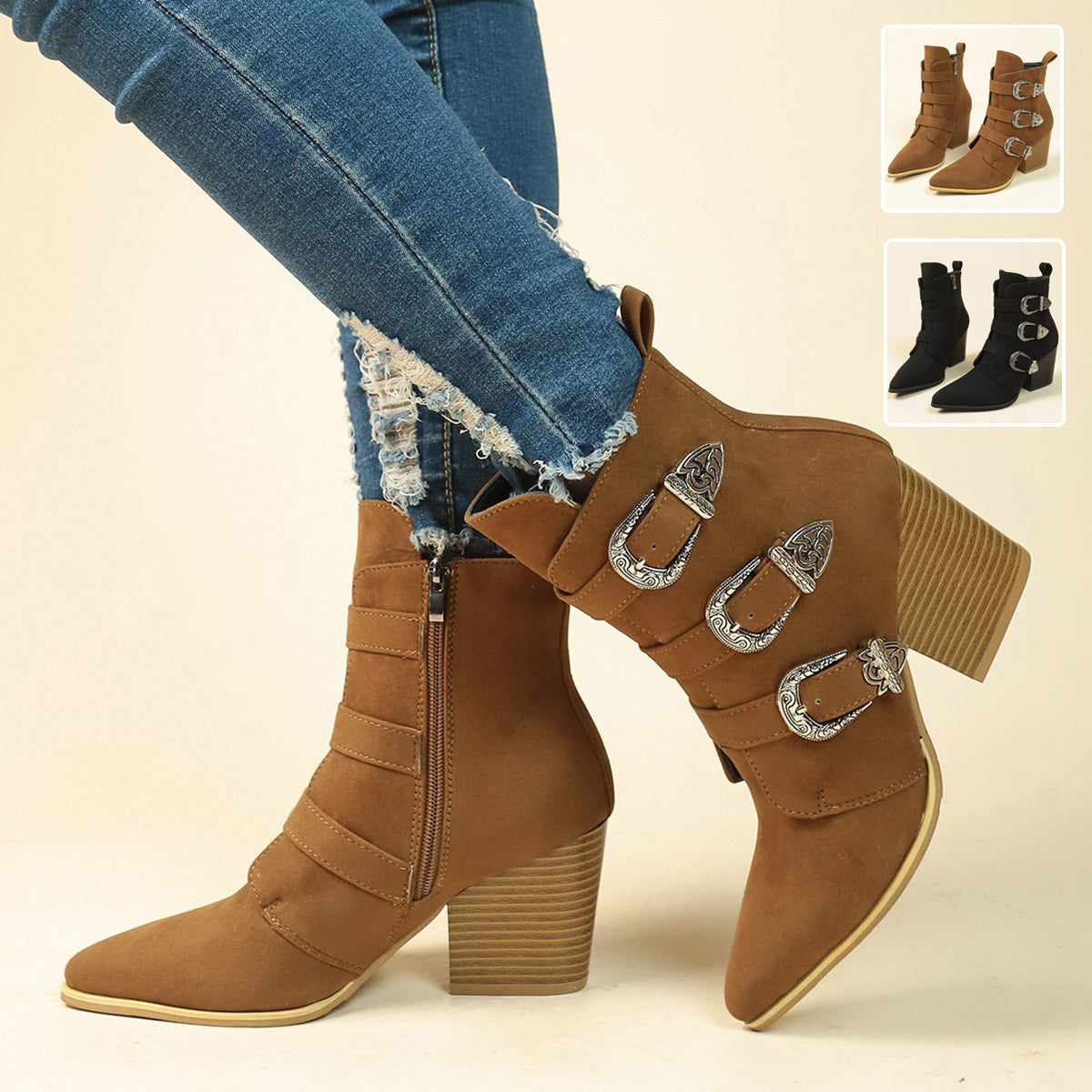 Toe Boots Chunky Heel Pointed Toe Boots With Belt Buckle Design Retro Mid-calf Boot Fashion Fall Winter Shoes For Women