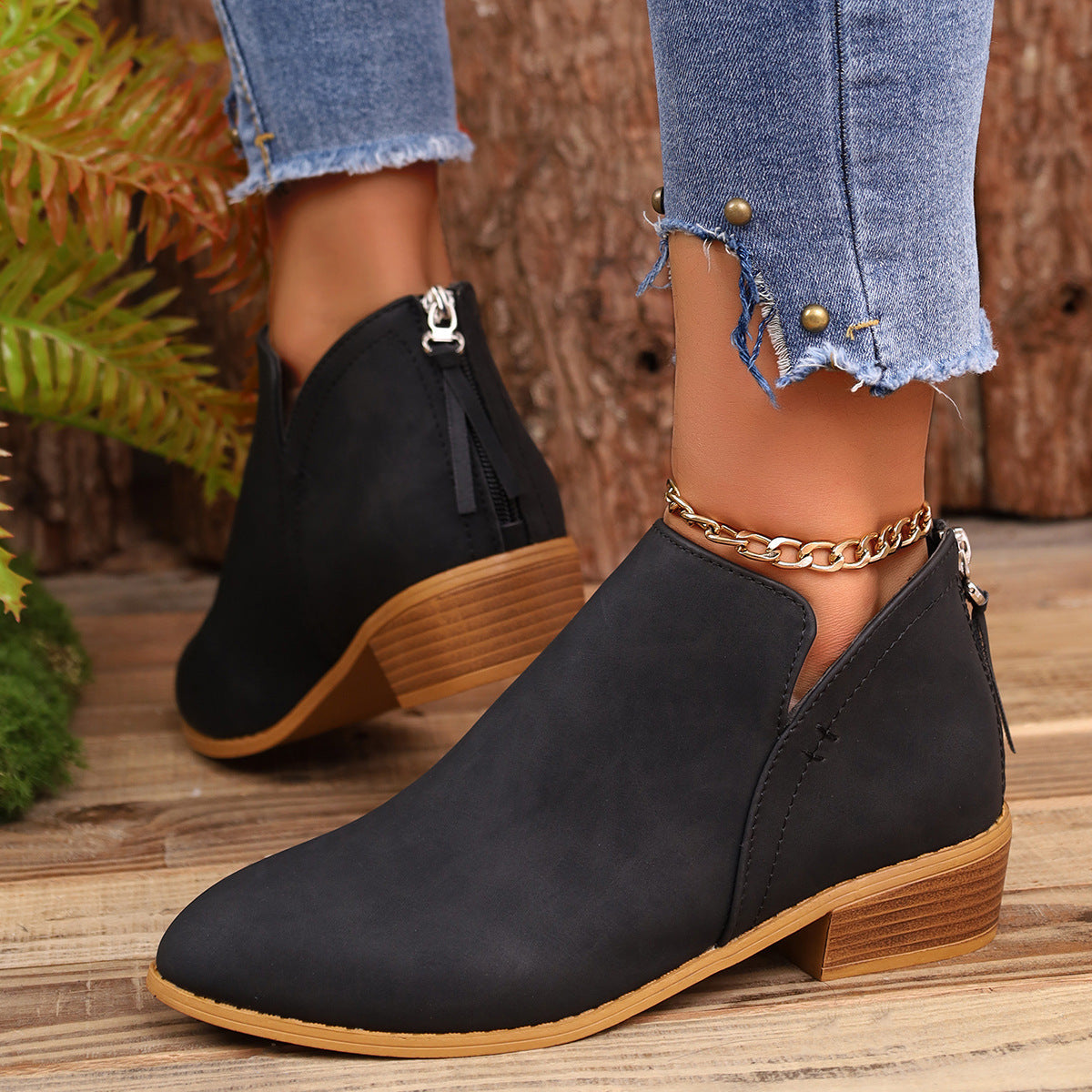 Short Boots For Women Chunky Heel Pointed Toe Ankle Boots With V-cut Design Fashion Fall Winter Short Boots For Women Shoes