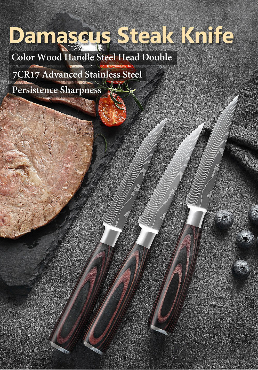 Steak Knife Western Steak Knife Damascus Pattern Stainless Steel Serrated Knife