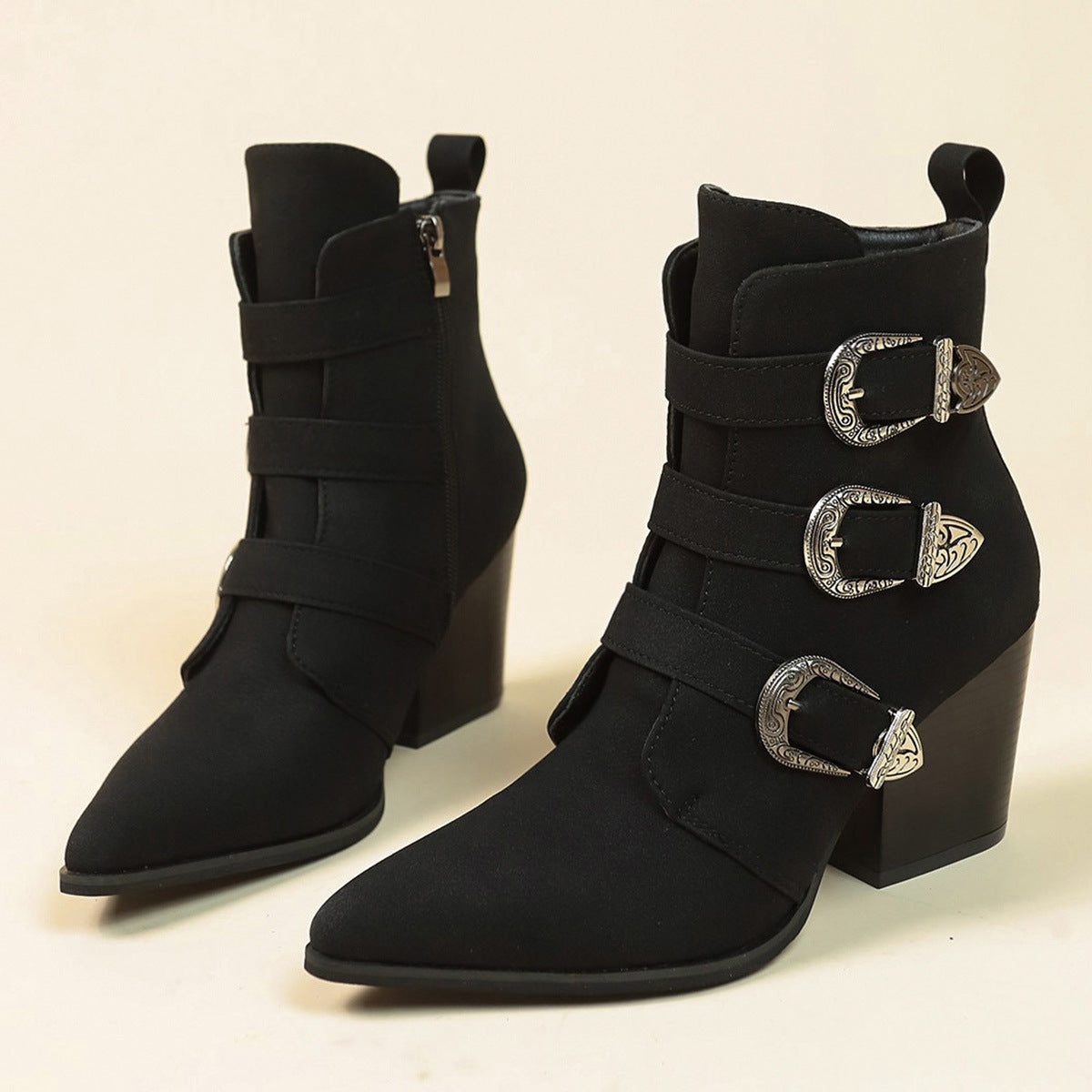 Toe Boots Chunky Heel Pointed Toe Boots With Belt Buckle Design Retro Mid-calf Boot Fashion Fall Winter Shoes For Women