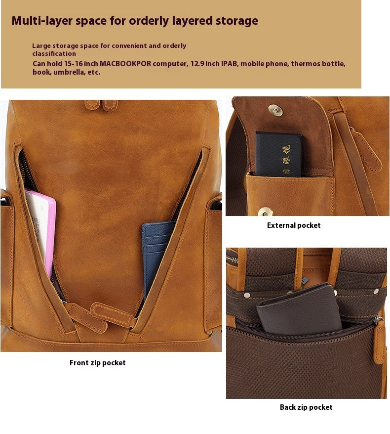 Leather Backpackage Men's Leisure Travel Large Capacity First Layer Leather Backpackage