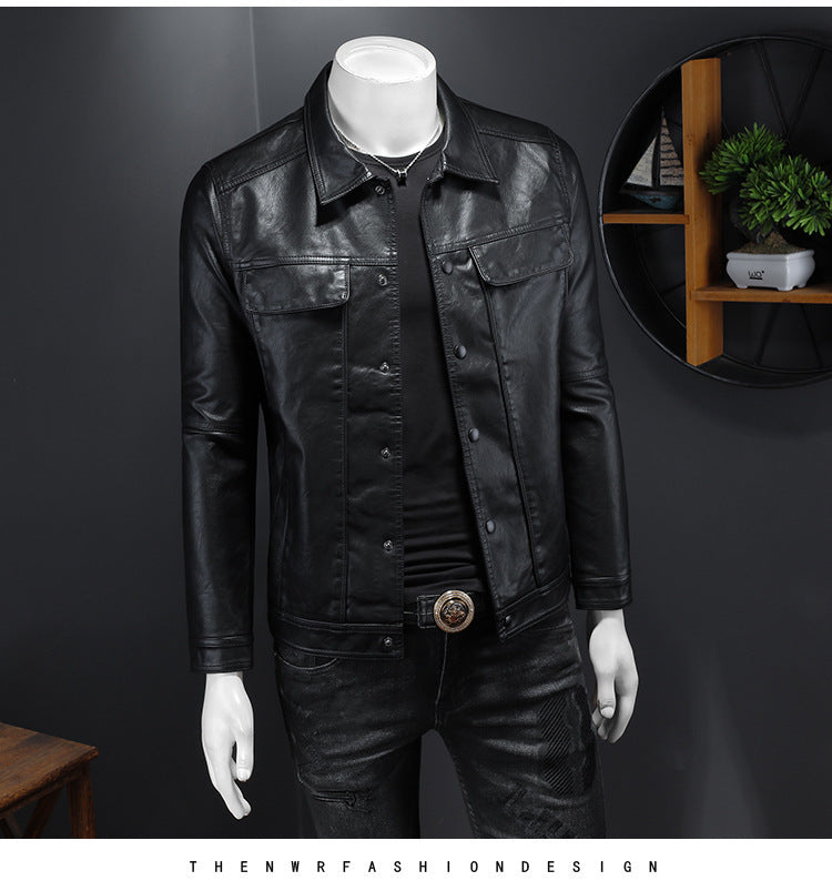 Men's Long-sleeved Lapel Motorcycle Pu Handsome Leather Coat - sumet.shop