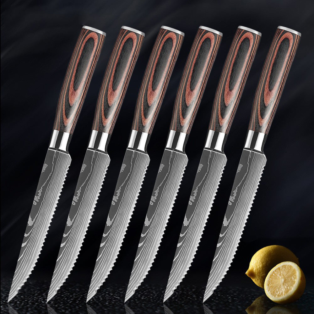Steak Knife Western Steak Knife Damascus Pattern Stainless Steel Serrated Knife