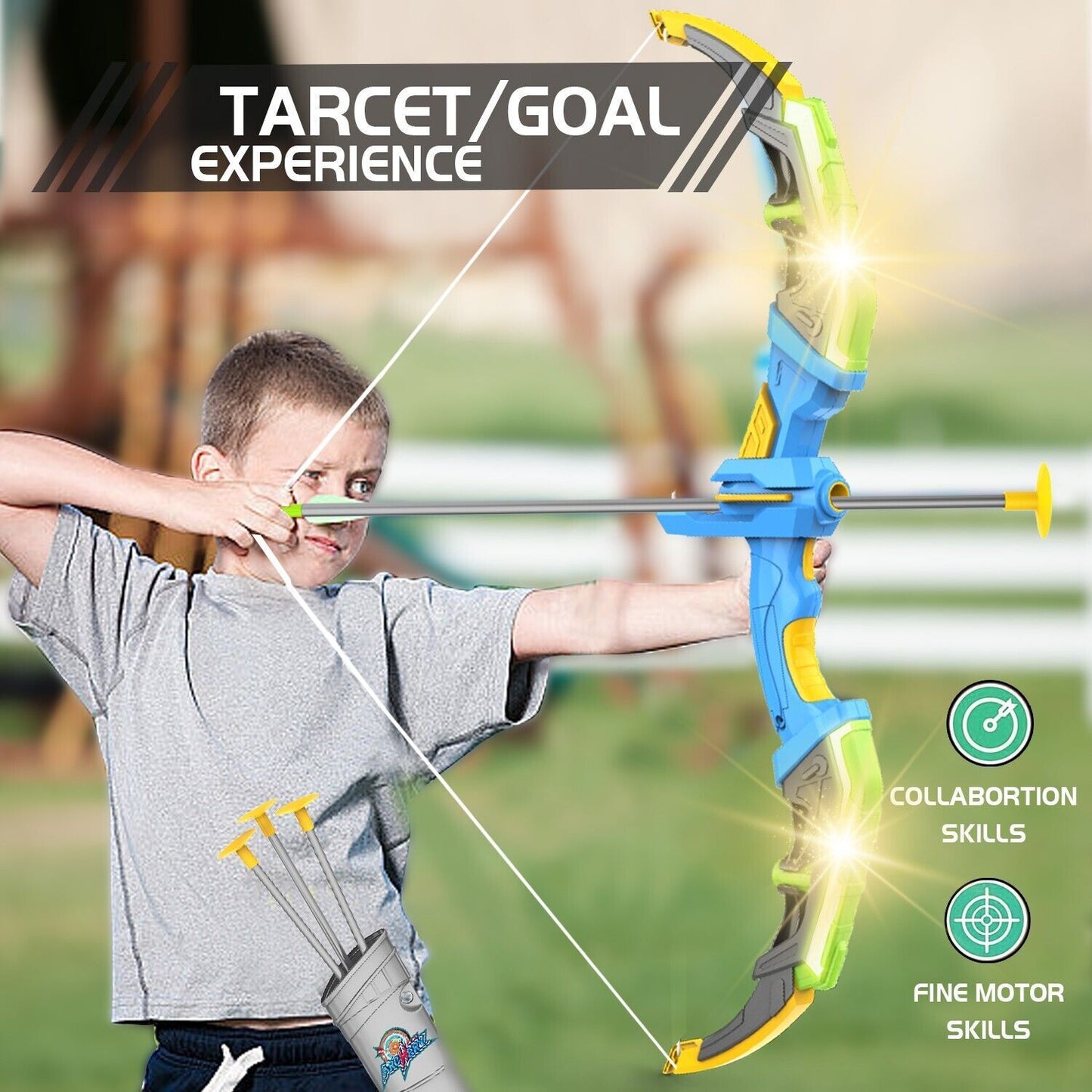 DE Bow & Arrow Toy Set, LED-lit Archery Toy,10 Suction Cup Arrows, Targets, Arrows Holders