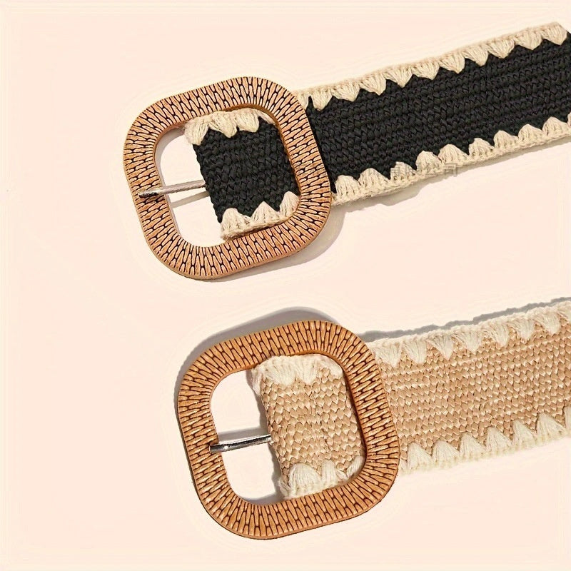 European And American Wooden Buckle Elastic Pp Grass Belt - sumet.shop
