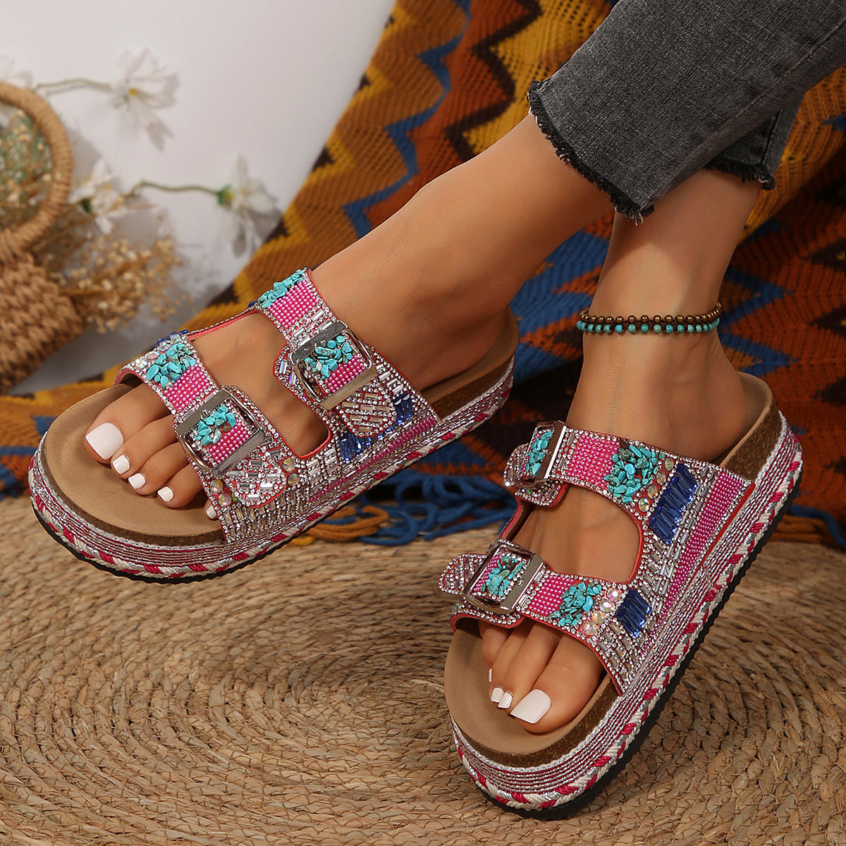 Thick Bottom Slippers Hemp Rope Double Buckle Rhinestone Cork Beach Flat Slippers