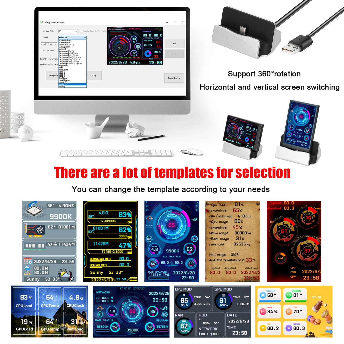 Computer Small Secondary Screen IPS Full View USB Chassis Monitor Date Display