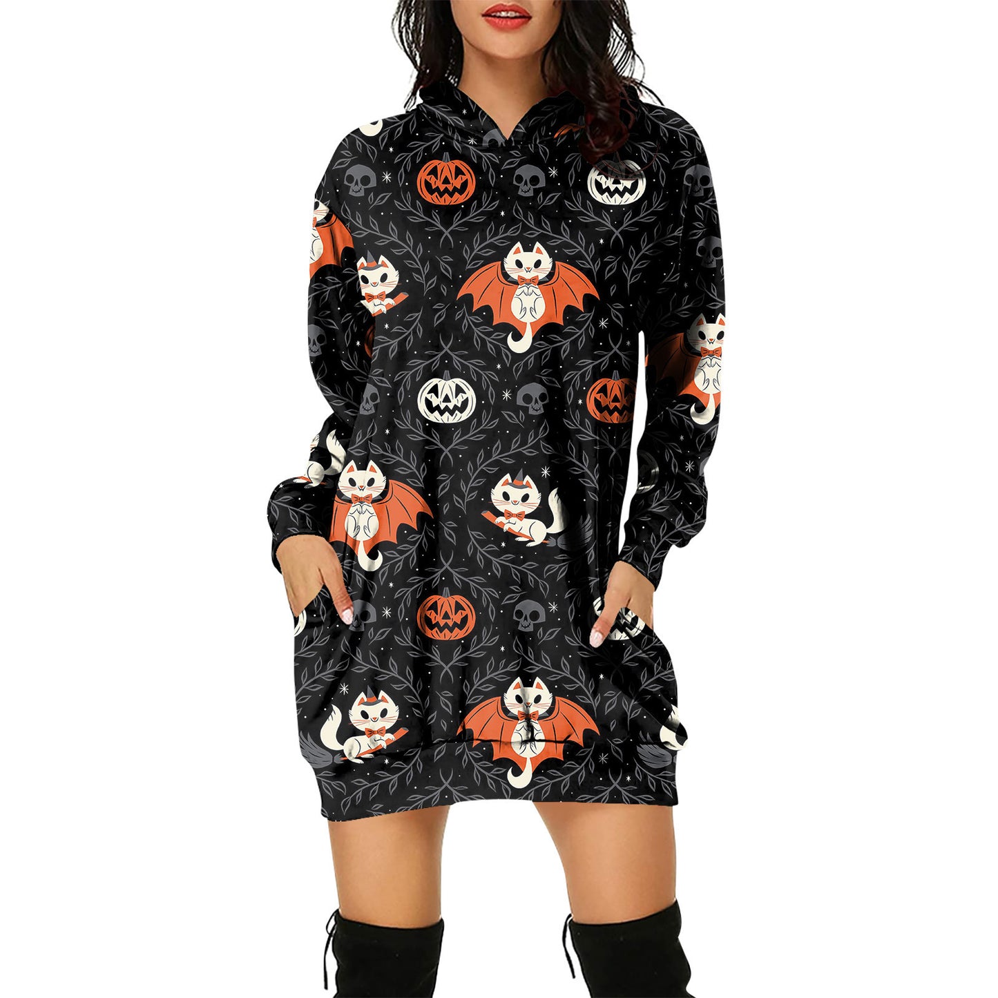 Pullover Hooded Sweater Dress Halloween Theme Women's Pullover Hooded Sweater Dress