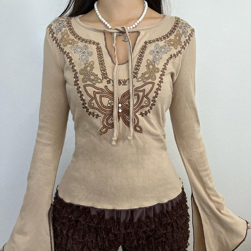 Women's Hollow Out Tied Split Flare Long-sleeved Top
