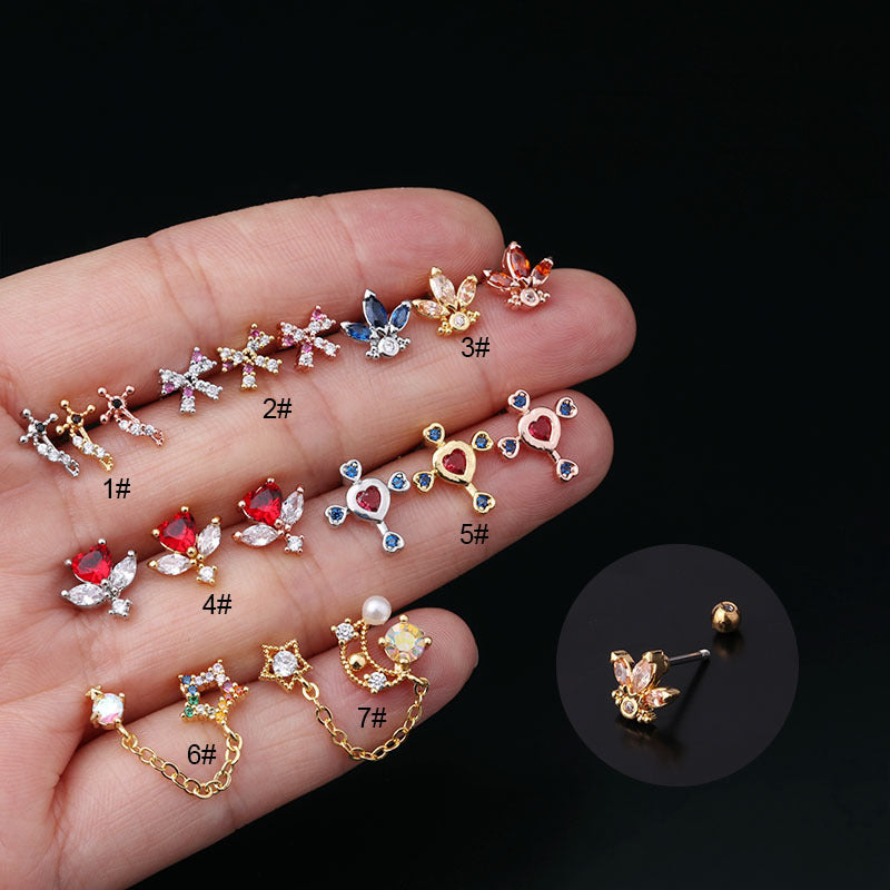 Stainless Steel Thin Rod Color Zirconium Ear Bone Nail Screw Screw Ball Ear Stud