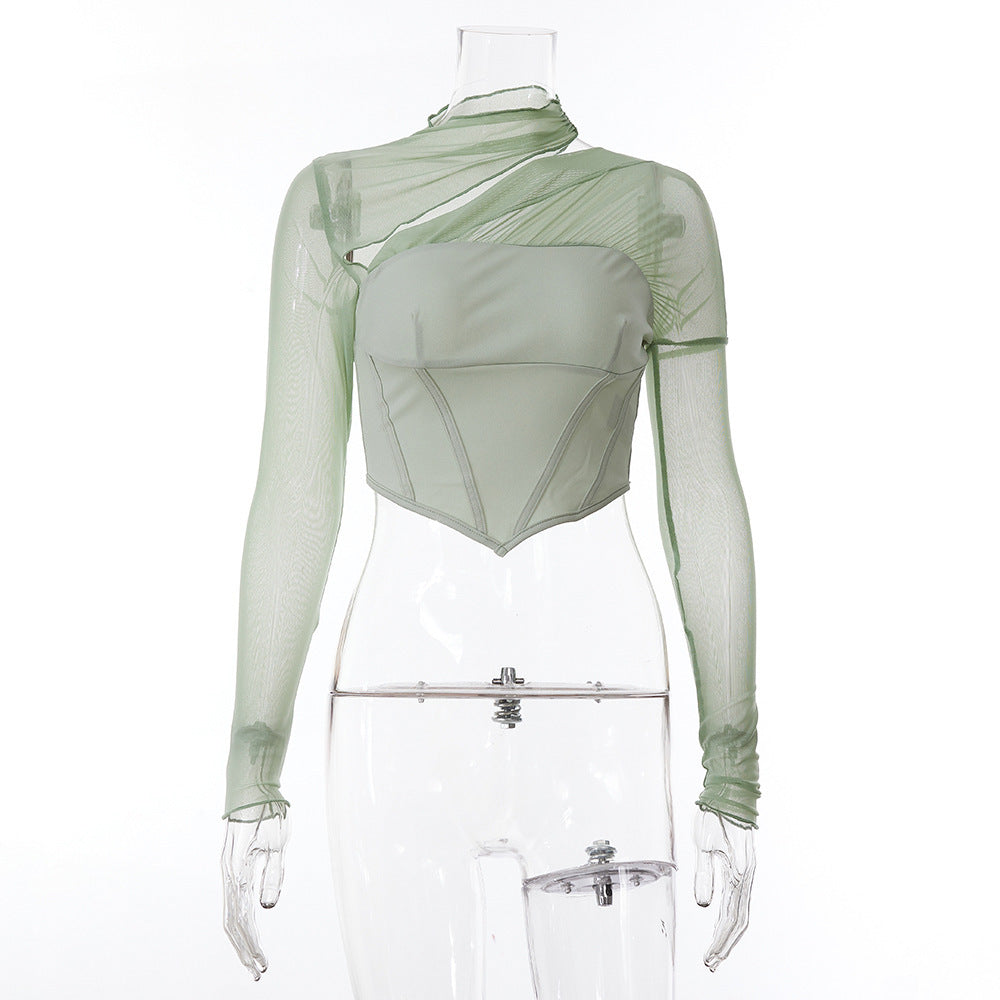Europe And America's New Slim-Fitting T-shirt Women's Mesh Splicing Hollow