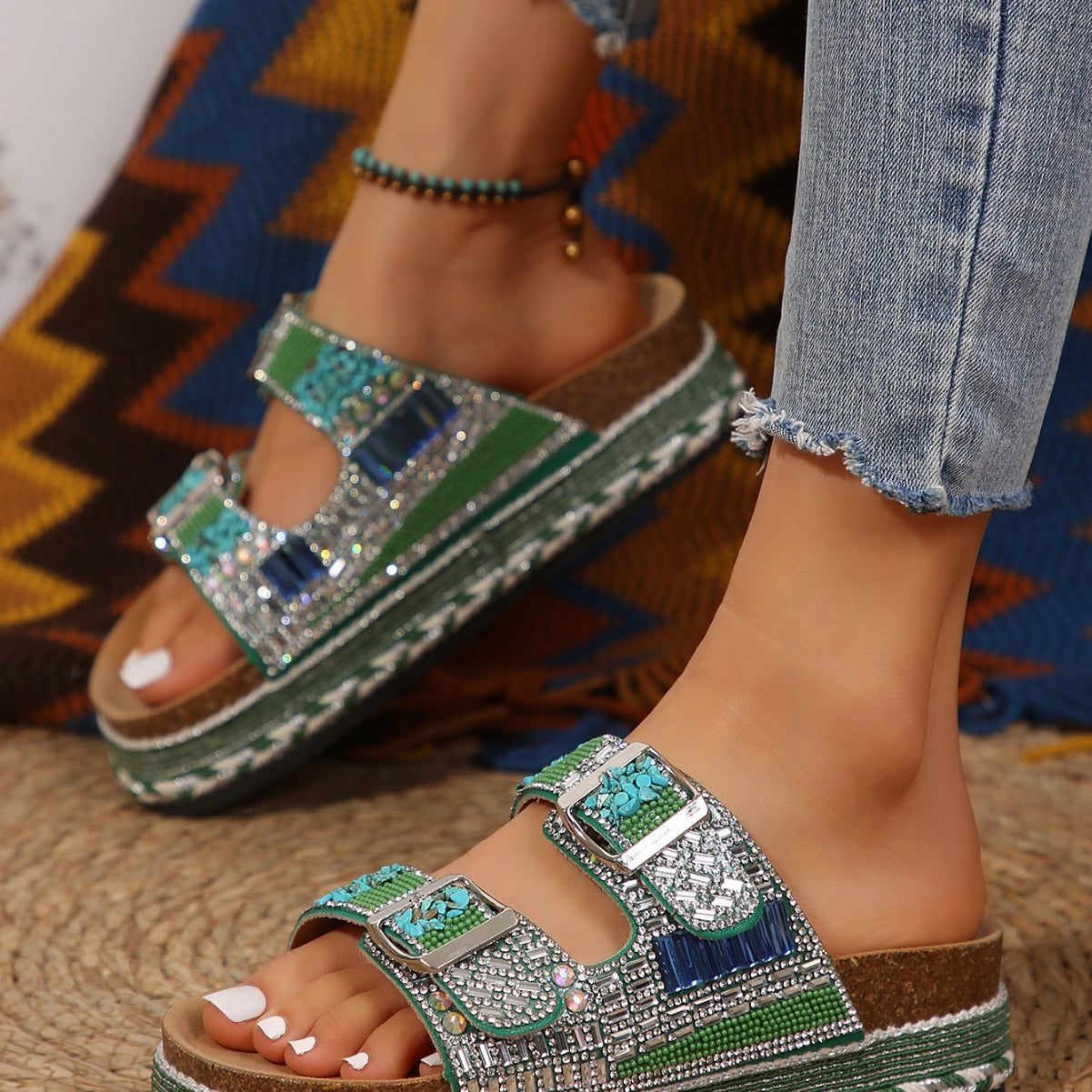 Thick Bottom Slippers Hemp Rope Double Buckle Rhinestone Cork Beach Flat Slippers