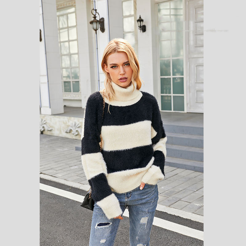 Black And White Striped Women All-match Loose