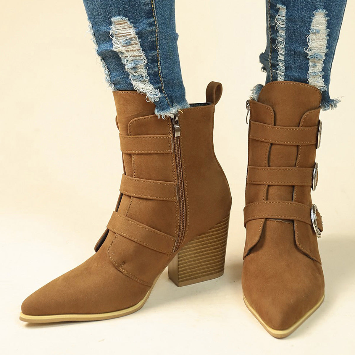 Toe Boots Chunky Heel Pointed Toe Boots With Belt Buckle Design Retro Mid-calf Boot Fashion Fall Winter Shoes For Women