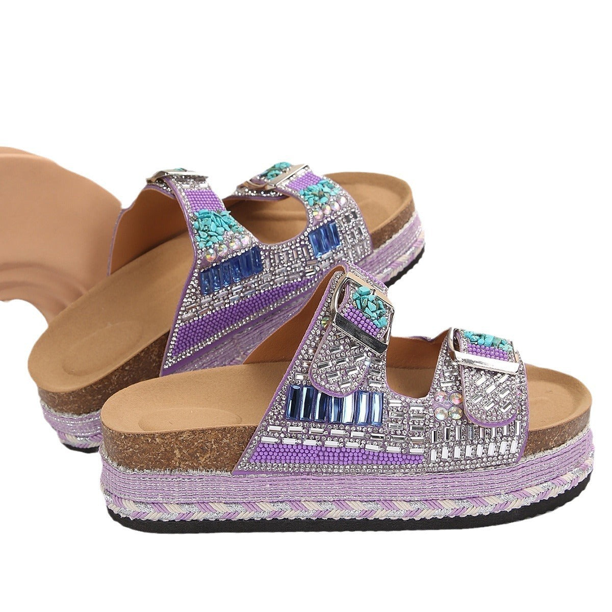 Thick Bottom Slippers Hemp Rope Double Buckle Rhinestone Cork Beach Flat Slippers