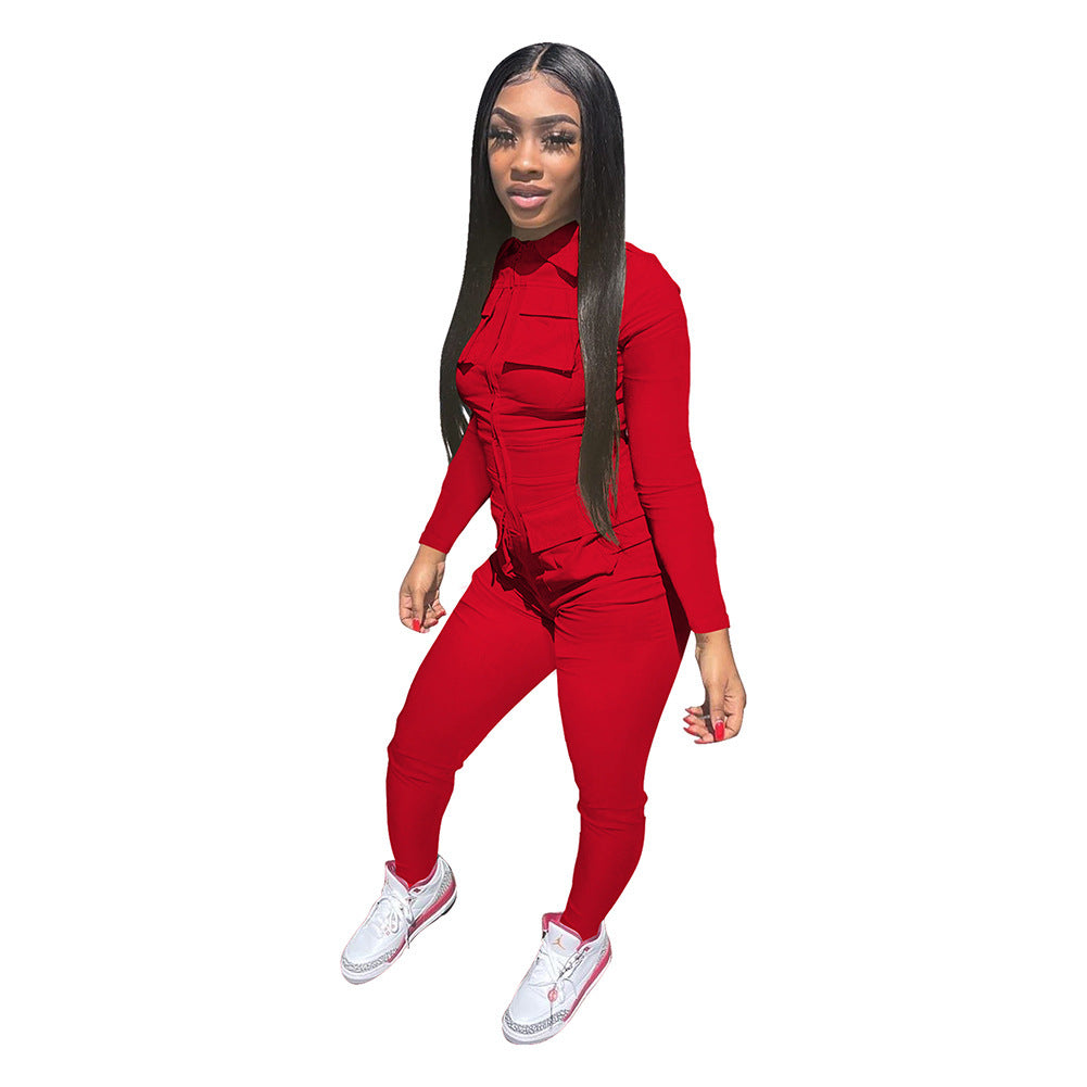 Jumpsuit Solid Color Long Overalls Zipper Pocket Jumpsuit