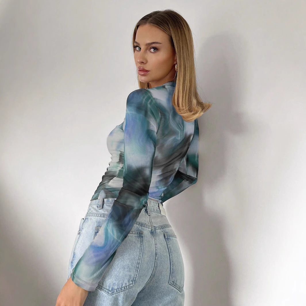 Spring New Elegant Women's Printed Round Neck, Slim-fit, Long-sleeved Top