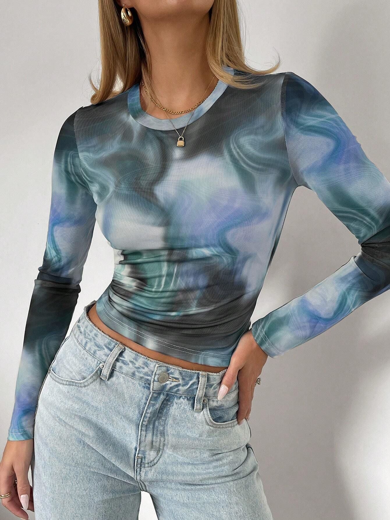 Spring New Elegant Women's Printed Round Neck, Slim-fit, Long-sleeved Top