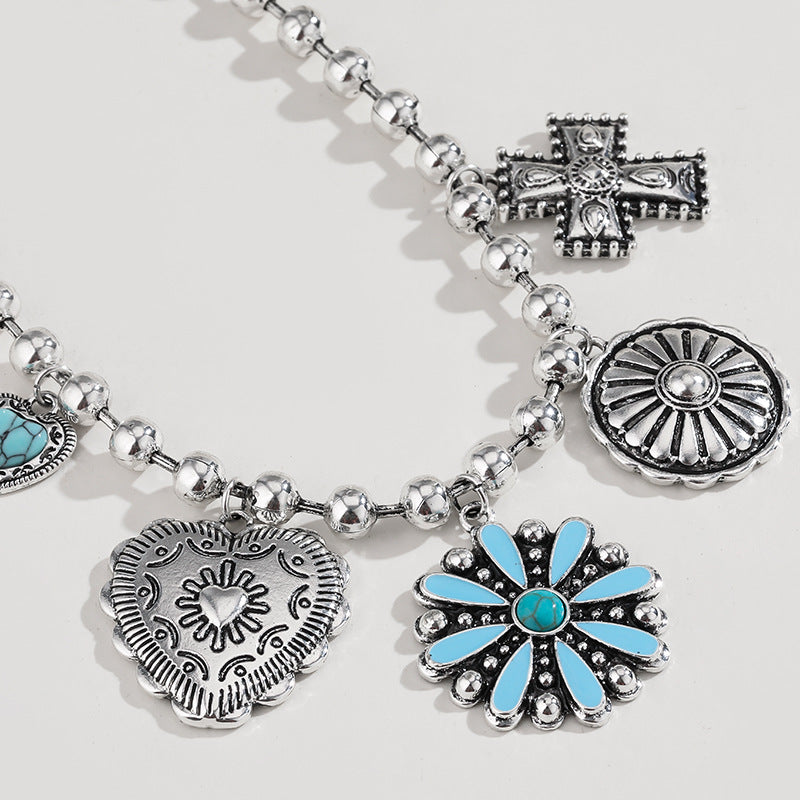 Personalized Turquoise Wax Rope Necklace Embossed Vintage Cross - sumet.shop