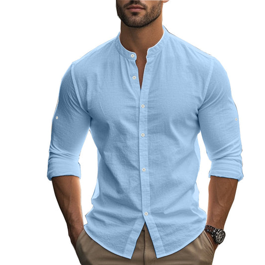 Men's Long Sleeve Standing Collar Slim Fit Casual Cotton Shirt
