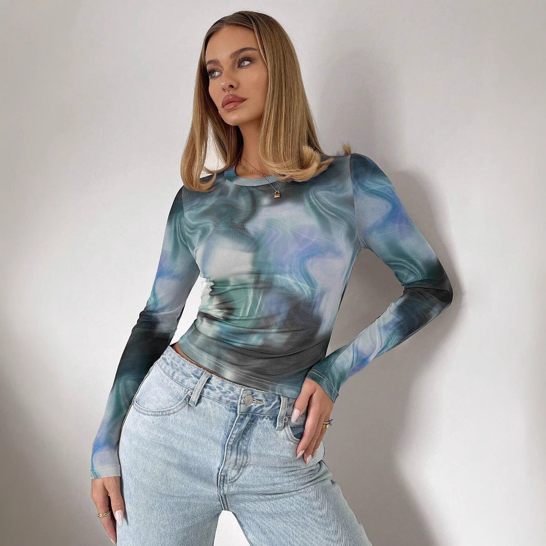 Spring New Elegant Women's Printed Round Neck, Slim-fit, Long-sleeved Top