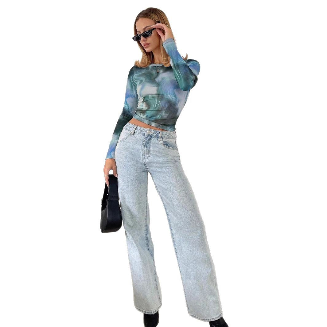 Spring New Elegant Women's Printed Round Neck, Slim-fit, Long-sleeved Top