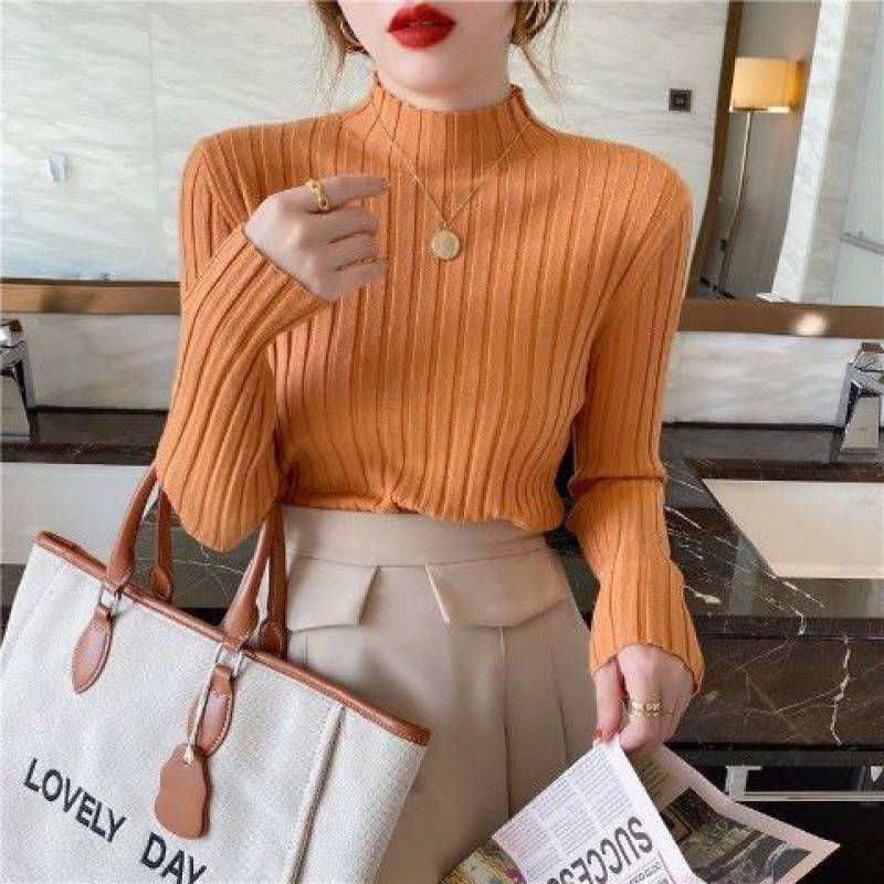 Women's Half High Collar White Knitting Top
