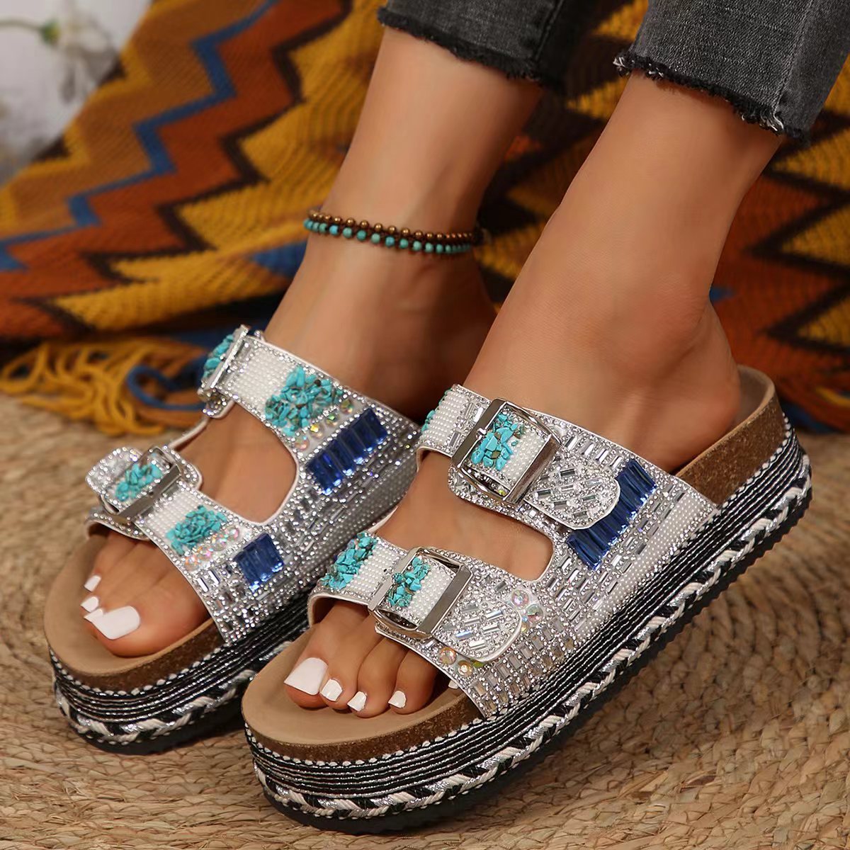 Thick Bottom Slippers Hemp Rope Double Buckle Rhinestone Cork Beach Flat Slippers