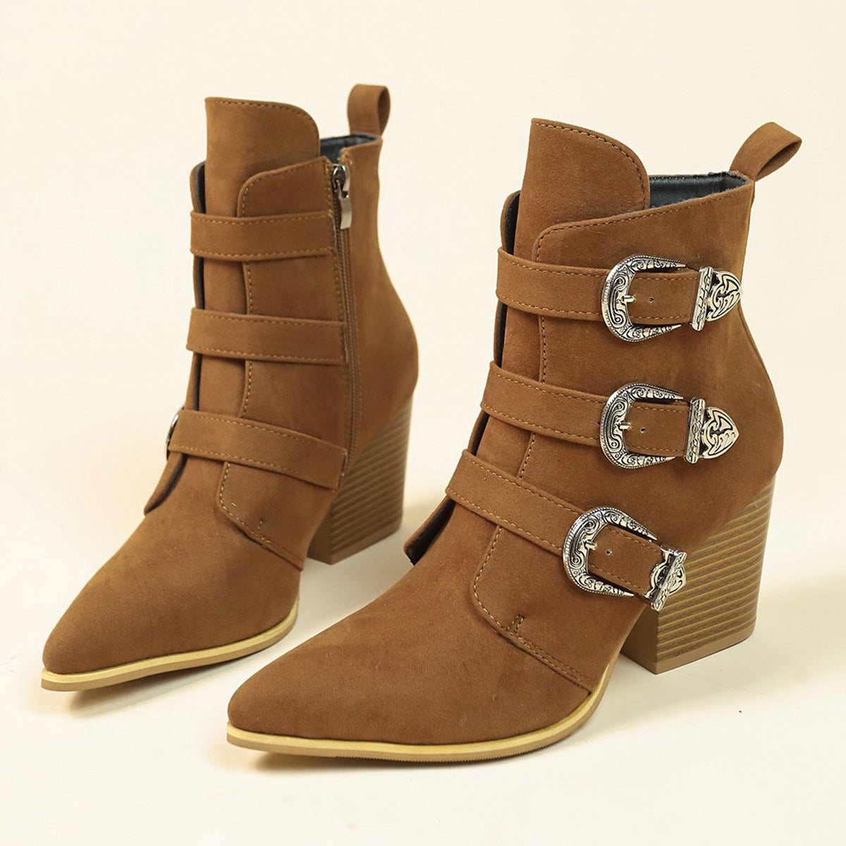 Toe Boots Chunky Heel Pointed Toe Boots With Belt Buckle Design Retro Mid-calf Boot Fashion Fall Winter Shoes For Women